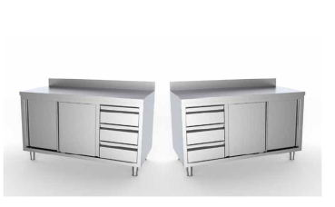 Arbeitsschrank aus Edelstahl 1400 mm Lang 700 mm tief mit Schubladen Rechts