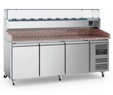 Pizzakühltisch mit 3 Türen 2000 mm Lang mit Kühlaufsatzvitrine
