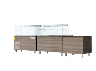 Preview: Dönertheke Kalte Theke, 5x GN1/1, Granit rosa-grau, 188x82x85.5 Glasaufbau Klarglas schwarzer Rand