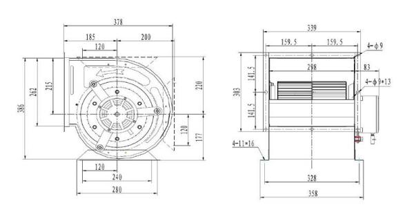 RADIALVENTILATOR IN DOSE 9/9/1400 Kapazität in m3 Luft / Stunde 3000