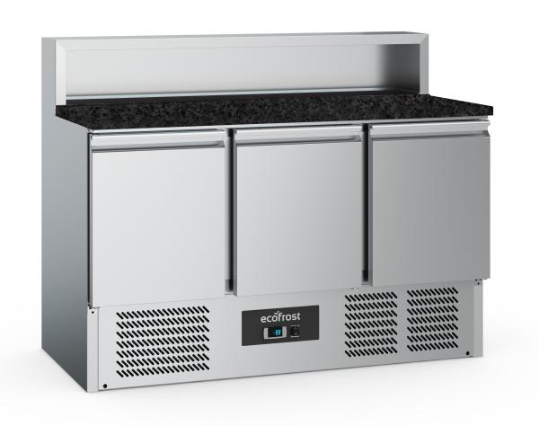 PIZZATISCH 3 TÜREN 8x1/6GN BEHÄLTER SCHWARZE GRANIT-ARBEITSPLATTE 1365mm