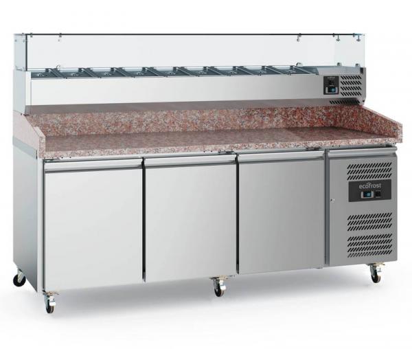 Pizzakühltisch mit 3 Türen 2000 mm Lang mit Kühlaufsatzvitrine