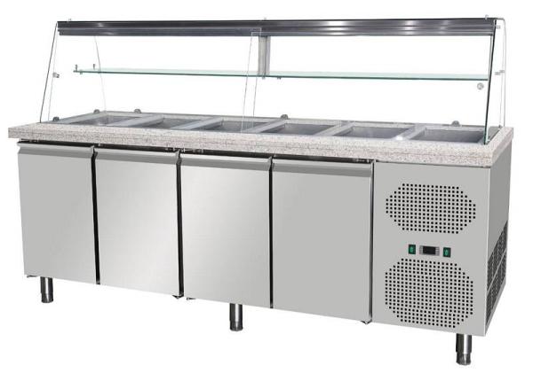 Dönertheke 223 cm Lang mit Holz frontverkleidung 4 Türig Salattheke