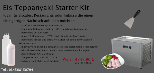 Aktionsset Eis Teppanyaki Rolleis Eisplatte aus Edelstahl inklusive Spachtel und Quetschflaschen