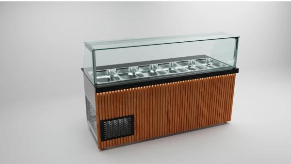 Dönertheke 240 cm - Holzfront / 4 Türen / 7 x GN 1/1 Salattheke